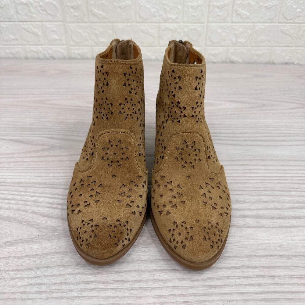 Franco Sarto Booties WMNS 6M Brown Laser Cut Ashlee Ankle Suede Block Heel Boot - Picture 5 of 9